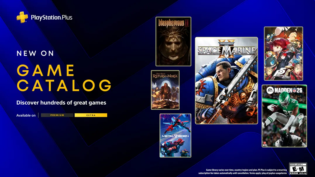 Novos jogos entram para o catálogo da playstation plus em MARÇO: Warhammer 40.000: Space Marine 2, EA Sports Madden NFL 26, Persona 5 Royal, Blasphemous 2 e mais
